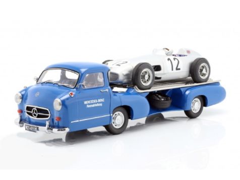 1:18 iScale 1955 Mercedes-Benz W196 #12 S. Moss British GP Winner + Mercedes Benz Car Transporter Blue Wonder