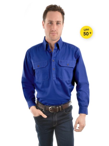 Men's Thomas Cook Heavy Cotton Drill Half Placket Long Sleeve Shirt COBALT