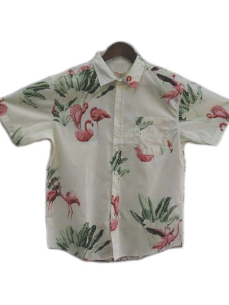 Men's Coast Highway Short Sleeve Shirt Flamingos/Cream Background