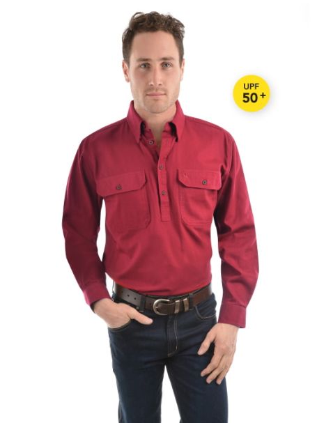Men's Thomas Cook Heavy Cotton Drill Half Placket Long Sleeve Shirt RED