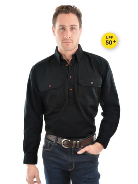 Men's Thomas Cook Heavy Cotton Drill Half Placket Long Sleeve Shirt BLACK