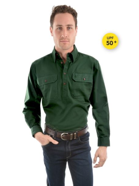 Men's Thomas Cook Heavy Cotton Drill Half Placket Long Sleeve Shirt IVY GREEN